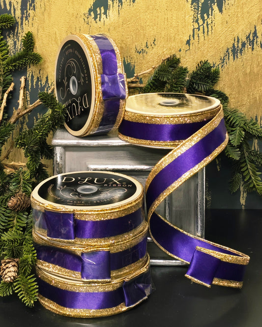 Ribbon - 1.5" Royal Purple Satin with Gold Glitter