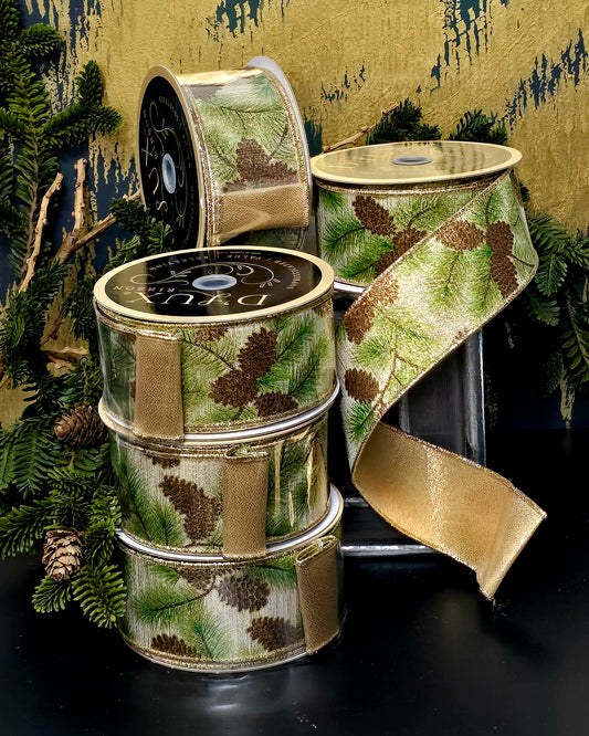 Ribbon - 2.5" Champagne Shimmering Pine with Gold