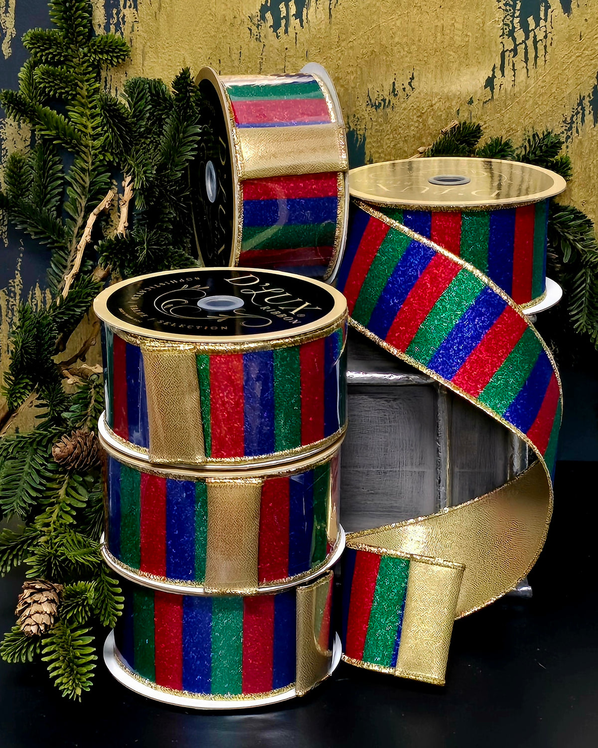 Ribbon - 2.5" Glitter Cobalt, Emerald, & Red Block Stripe