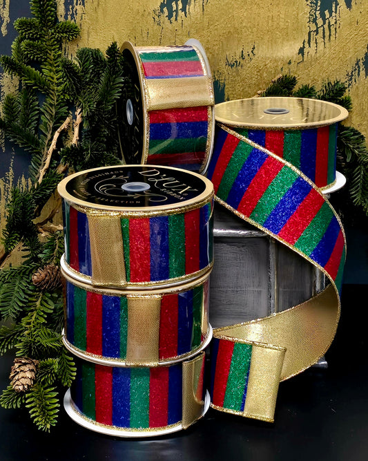 Ribbon - 2.5" Glitter Cobalt, Emerald, & Red Block Stripe