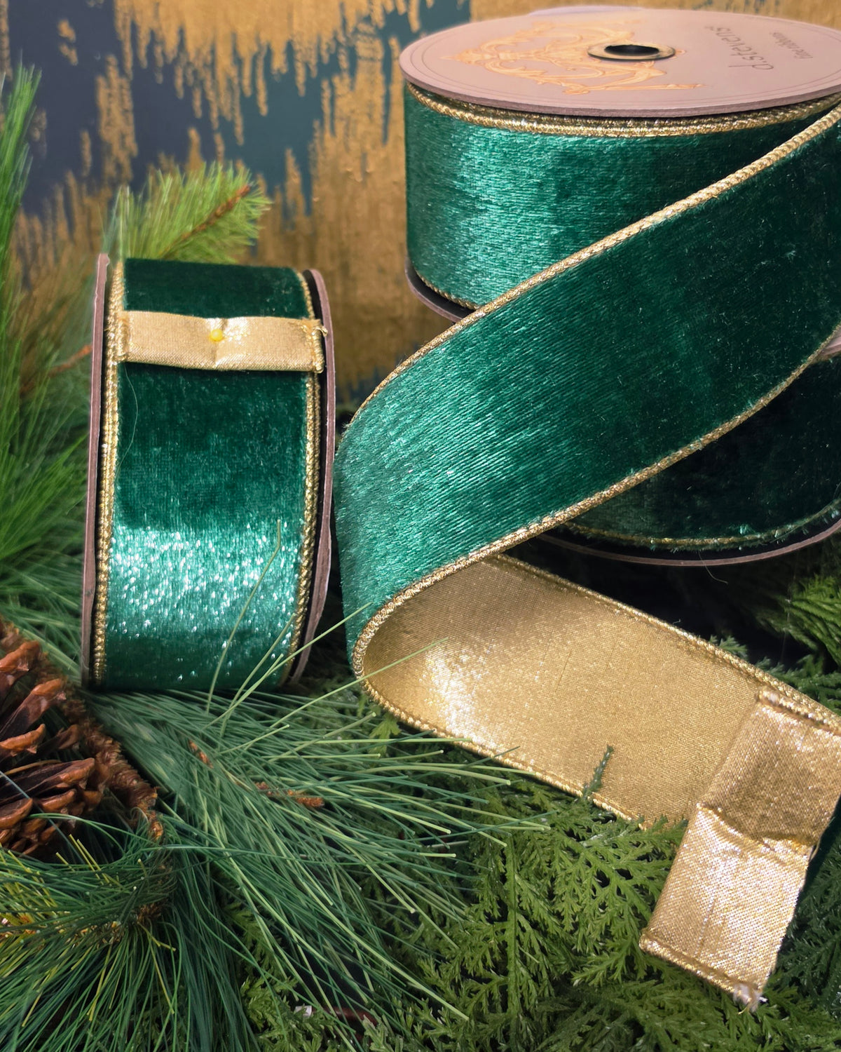 Ribbon - 2.5" Pine Green Ice Velvet with Gold Shimmer
