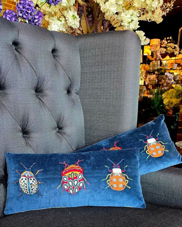 Velvet Embroidered Scarab Lumbar Pillow
