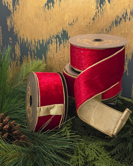 Ribbon - 2.5" Red Ice Velvet with Gold Shimmer