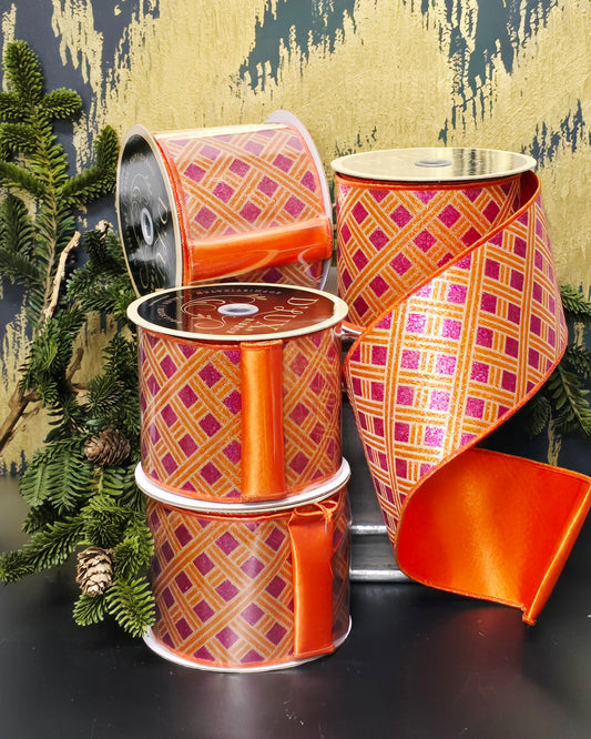Ribbon - 4" Glitter Gold & Orange Lattice with Fushia Pink