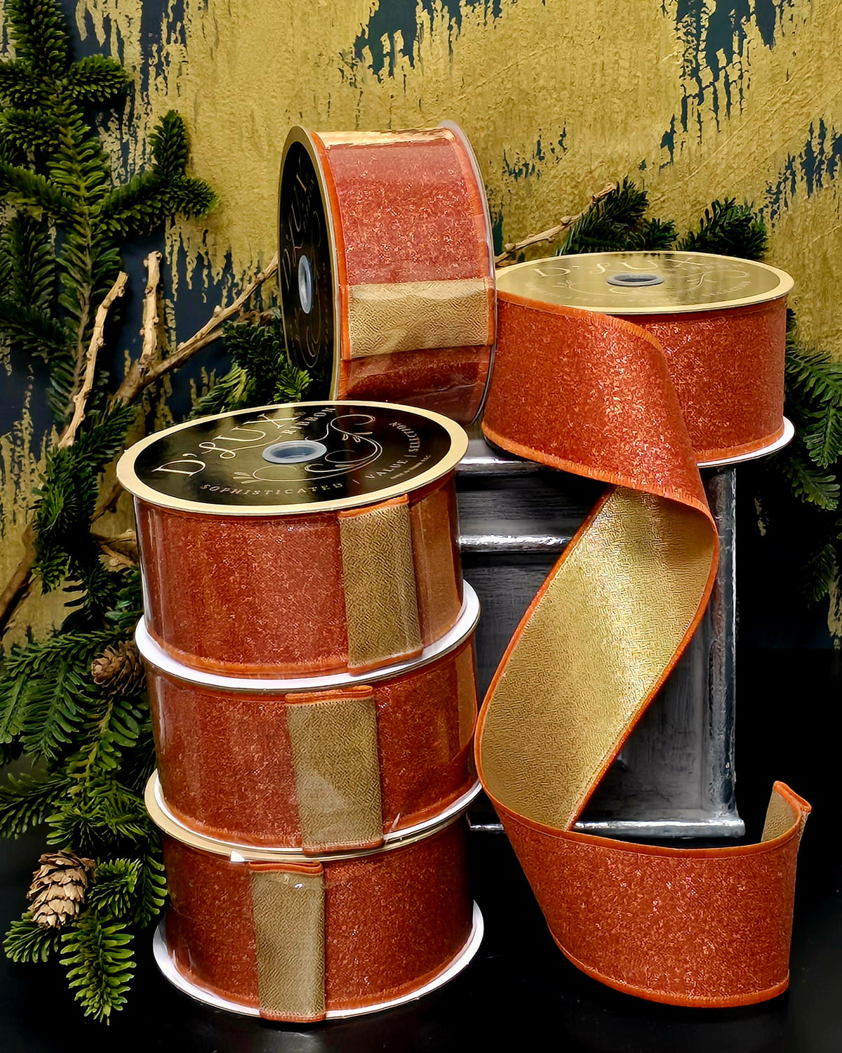 Ribbon - 2.5" Copper Glitter with Gold