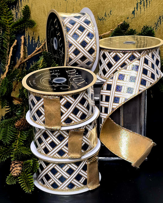 Ribbon - 2.5" Glitter White & Gold Lattice with Wedgewood Blue