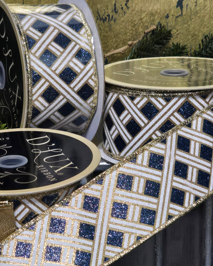 Ribbon - 2.5" Glitter White & Gold Lattice with Wedgewood Blue